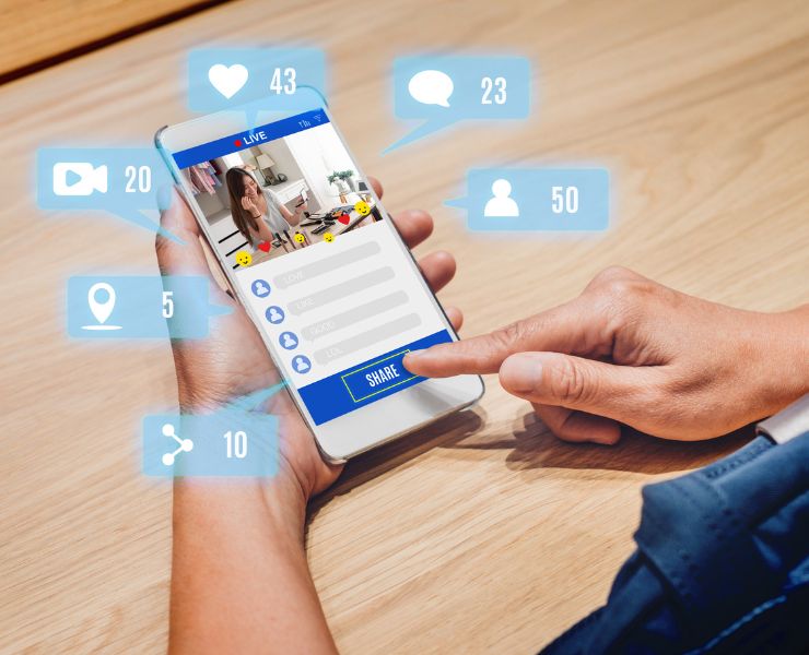 Live de vendas em um celular, com métricas de engajamento